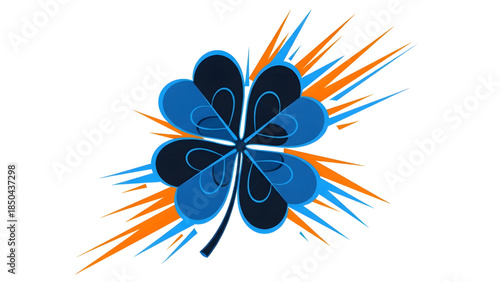 Dynamic four-leaf clover icon with explosive motion lines, blue and orange flat vector illustration of luck, success, and good fortune concept