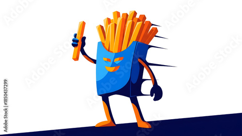 Funny French fries character holding a potato fry with dynamic motion lines, flat vector illustration of fast food and snack concept in blue and orange style