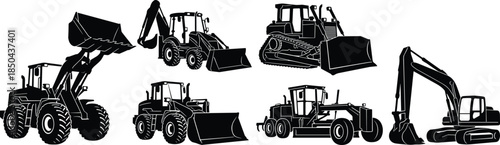 Construction machinery, silhouettes, heavy equipment, loaders, excavators, bulldozer, grader, vehicles, industrial, earthmoving, machines, vector, icons, black, isolated, , 
