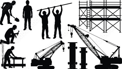 Construction work silhouette elements set, workers, tools, scaffolding, cranes, steel columns, industrial building process, labor activity, engineering equipment, vector collection