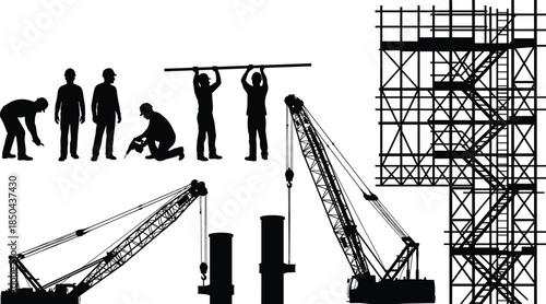 Construction worker silhouette collection, labor activities, scaffolding structure, cranes, steel columns, industrial building process, engineering work, heavy machinery, vector set