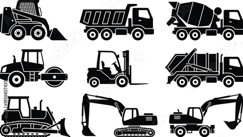 Construction vehicles silhouettes icon set, skid steer dump truck excavator forklift roller machinery collection isolated on white background