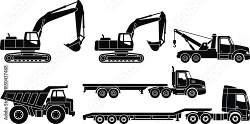 Construction, machinery, vehicles, silhouettes, excavator, crane, truck, trailer, transport, heavy, equipment, industrial, lifting, hauling, earthmoving, vector, illustration, set, isolated, white