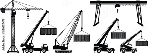 Crane lifting container silhouette set, tower crane mobile crane gantry crane operations, heavy cargo handling machinery, industrial logistics equipment, black vector illustration