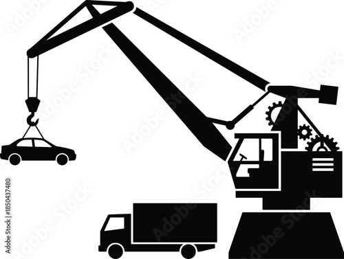 Crane silhouette lifting car, industrial harbor loading machinery with hook, heavy construction equipment icon isolated on white background