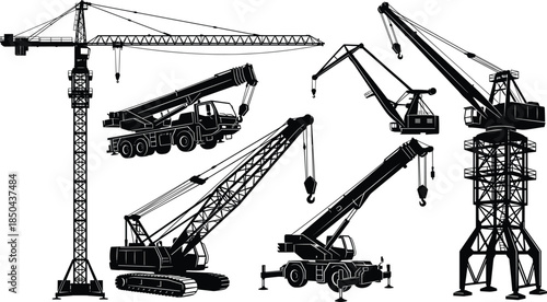 Crane silhouette collection, tower crane mobile crane crawler crane truck, heavy lifting construction machinery set, industrial building equipment, black vector icons