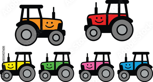 Cute colorful tractor cartoon icon set with smiling farm vehicles, playful agricultural machinery illustration isolated white background
