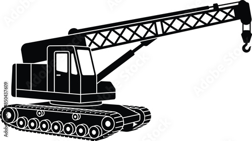 Crawler crane, silhouettes, construction, machinery, lifting, equipment, industrial, tracked, crane, boom, hook, vehicle, vector, icons, black, isolated, white, background, illustration, set