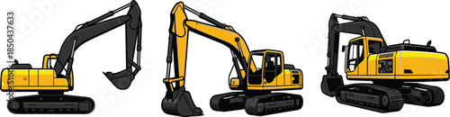 Excavator construction machine set, yellow hydraulic digger vehicles illustration, heavy earthmoving equipment collection isolated on white background