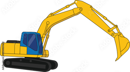 Excavator illustration, hydraulic crawler digging machine with bucket, heavy construction equipment icon isolated on white background vector