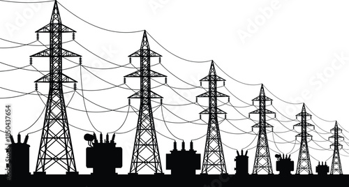 Electrical power transmission, high-voltage towers, energy infrastructure, substation silhouette, power lines, industrial landscape, electricity grid, black and white illustration