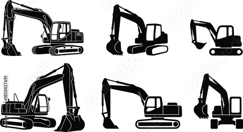 Excavator silhouettes collection, construction digging machines, heavy industrial equipment icons, crawler excavators, black vector illustrations, isolated on white background
