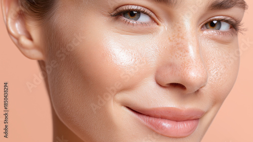 Close up portrait showing soft natural skin texture, pastel background, smooth complexion, subtle freckles, healthy glow, and gentle smile, evoking confidence and calm