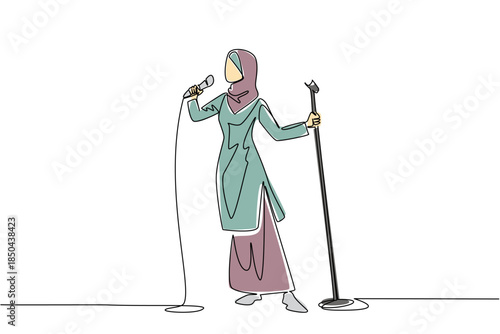Continuous one line drawing Arabian woman in casual clothes singing while holding a standing mic and posing. Performance of a diva. National Sing Out Day. Single line draw design vector illustration