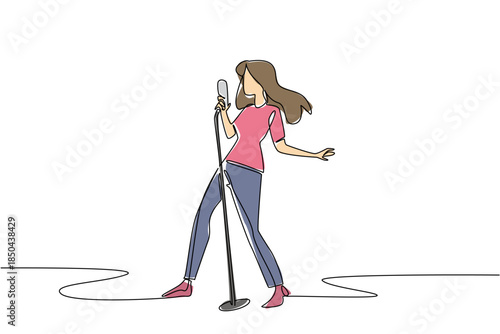 Single one line drawing a woman singing while holding a standing mic and posing. The stunning appearance of the queen of the stage. National Sing Out Day. Continuous line design graphic illustration