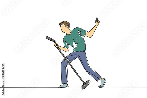 Single continuous line drawing a man in casual clothes singing while holding a standing mic and posing. The perfect appearance of rockstar. National Sing Out Day. One line design vector illustration