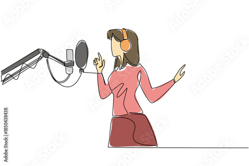 Single one line drawing a woman standing in front of standing mic using headphones is singing. The process of recording a new album. National Sing Out Day. Continuous line design graphic illustration