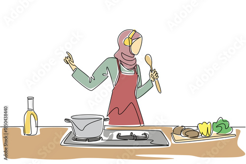Single continuous line drawing Arab woman wear an apron and headphones cooking while singing holding a ladle. Two hobbies at one time. Chef. National Sing Out Day. One line design vector illustration