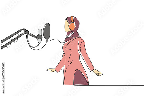 Single continuous line drawing Arab woman standing in front of mic using headphones is singing. First experience entering a recording studio. National Sing Out Day. One line design vector illustration