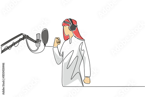Continuous one line drawing Arab man standing in front of a mic using headphones is singing. Audition to enter the recording studio. National Sing Out Day. Single line draw design vector illustration