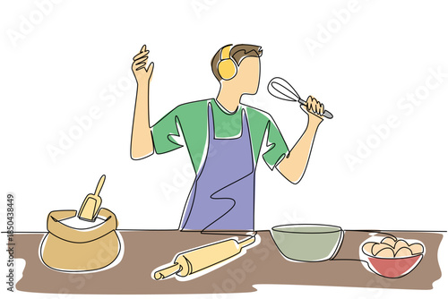 Single one line drawing a man wear apron and headphones cooking while singing holding a manual mixer. Style like a DJ when cooking. National Sing Out Day. Continuous line design graphic illustration