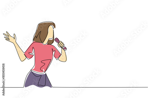 Single one line drawing a woman is singing. Being in the music industry. A hobby that should be able to generate a lot of profit. National Sing Out Day. Continuous line design graphic illustration