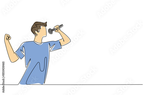 Single continuous line drawing a young man in casual clothes is singing. Practice seriously to join the talent search event. Hobby singing. National Sing Out Day. One line design vector illustration