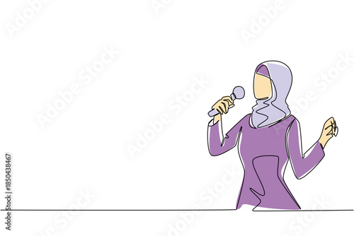 Continuous one line drawing a young and famous Arabian woman singing. Final practice to create a stunning stage act. Talented singer. National Sing Out Day. Single line draw design vector illustration