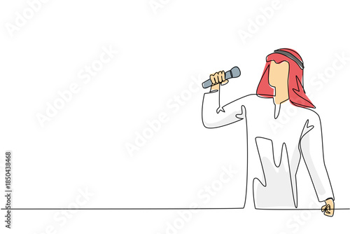 Single one line drawing a young Arabian man is singing. Hobby singing. Come to karaoke studio. Relieve the mind. Talented. Pleasant. National Sing Out Day. Continuous line design graphic illustration