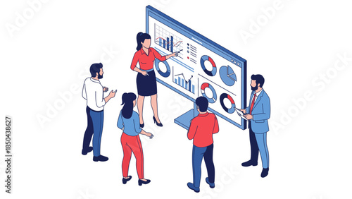 Team discussing business strategy with data visualization
