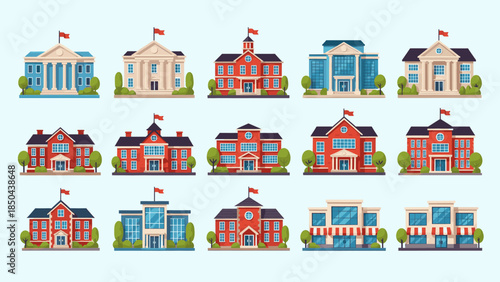 Collection of different school building illustrations