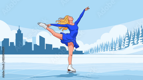 Woman ice skating in front of city skyline