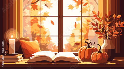 Cozy autumn scene with book and pumpkins near window