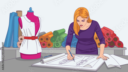 Fashion designer working on sketch with fabric and mannequin