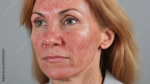 Close up of middle aged woman with irritated facial skin, redness, visible pores, and slight inflammation, showing natural aging and sensitive skin texture in neutral studio setting