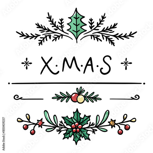 Christmas dividers set. Hand drawn ornamental winter holiday text decor border, Xmas floral underline, ornamental wedding card doodle separator with fir and holly branches. Vector isolated set 