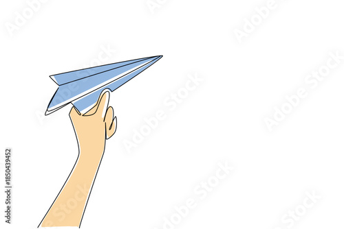 Single one line drawing hand holding paper airplane. Sharpen creativity. Symbols of happiness do not have to be expensive toys. National Paper Airplane Day. Continuous line design graphic illustration
