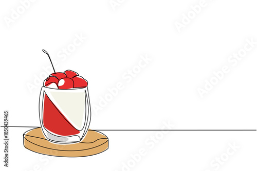 Single continuous line drawing panna cotta in a clear glass with cherry topping, on a wooden cutting board. The freshness in summer. National Cherry Dessert Day. One line design vector illustration