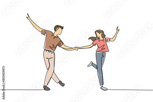 Single continuous line drawing man and woman in retro vintage clothes dancing lindy hop while holding hands. Exercise to stay fit. Excited. World Lindy Hop Day. One line design vector illustration