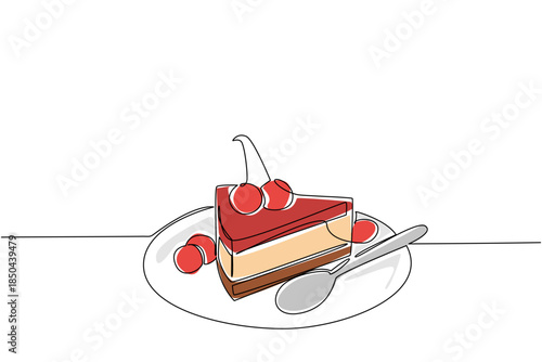 Continuous one line drawing cheese cake slices topped with cherries on a small plate. Share the taste of pleasure. Delicious. National Cherry Dessert Day. Single line draw design vector illustration