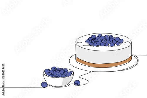 Single continuous line drawing round cheese cake with blueberry topping and small bowl filled with blueberries. Very tasty. National Blueberry Cheesecake Day. One line design vector illustration