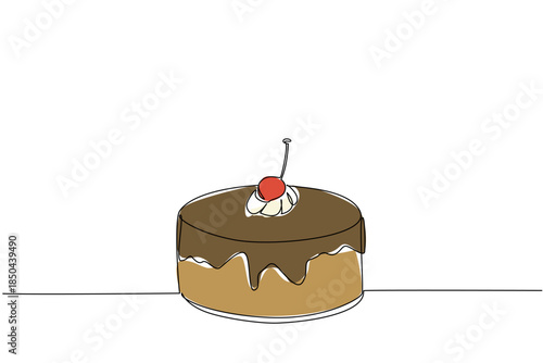 Single one line drawing round cake covered in chocolate with cherry topping. Simple topping but extraordinary taste. Tasty. National Cherry Dessert Day. Continuous line design graphic illustration