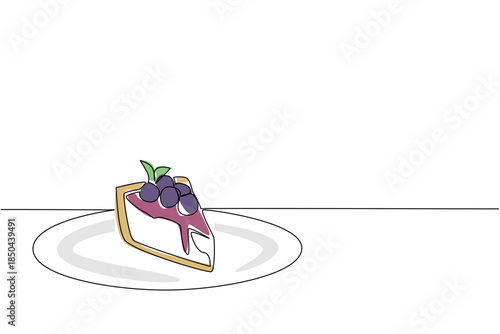 Single one line drawing slice of cheese cake with topping and blueberry jam on a small plate. Display menu for customers. National Blueberry Cheesecake Day. Continuous line design graphic illustration