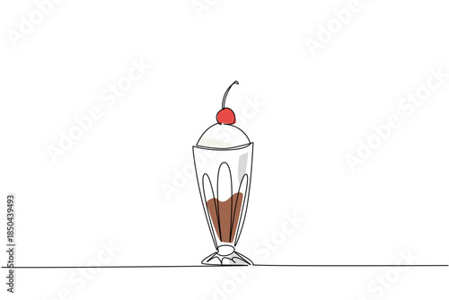 Continuous one line drawing vanilla sundae ice cream with cherry topping. Guaranteed freshness when summer arrives. Delicious. National Cherry Dessert Day. Single line draw design vector illustration