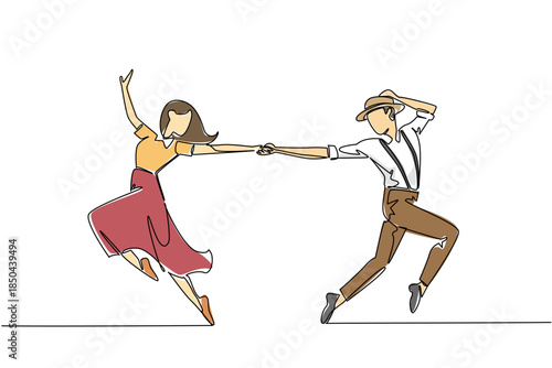 Continuous one line drawing man and woman in retro vintage clothes dancing lindy hop and holding hands. Performance full of dedication. World Lindy Hop Day. Single line draw design vector illustration