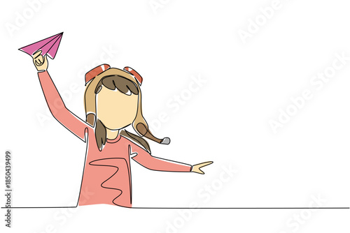 Single continuous line drawing girl wearing pilot helmet holds paper airplane. Embrace role of being first female pilot in the world. National Paper Airplane Day. One line design vector illustration