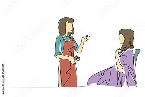 Single continuous line drawing a female barber talks to woman in chair wearing a body covering. Tidy up the hair. National Hairstylist Mental Health Awareness Day. One line design vector illustration