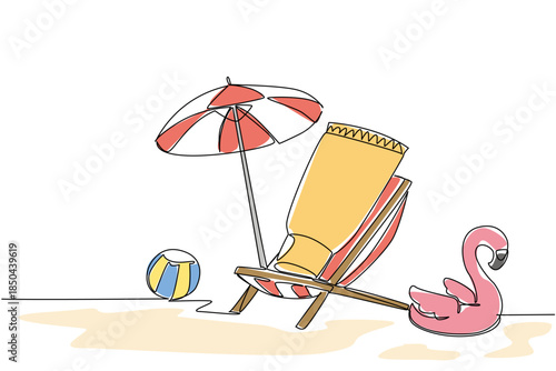 Single continuous line drawing tube sunscreen on a beach chair with an umbrella, balls and flamingo shaped floats. Play safely on the beach. National Sunscreen Day. One line design vector illustration