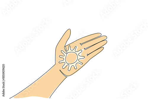 Single continuous line drawing sun shaped cream on the palm. Lotion that protects the skin. Best friends when summer comes. Care. Vacation. National Sunscreen Day. One line design vector illustration
