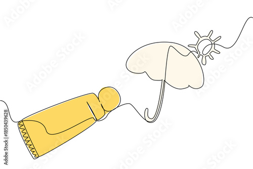 Continuous one line drawing open sunscreen tube with contents forming an umbrella and sun. Symbol. Protects from the hot sun. Block. National Sunscreen Day. Single line draw design vector illustration